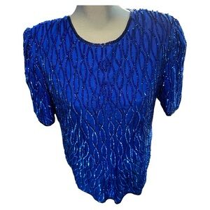 Vintage glittery sparkle newyears party unique sequin blue formal top size large
